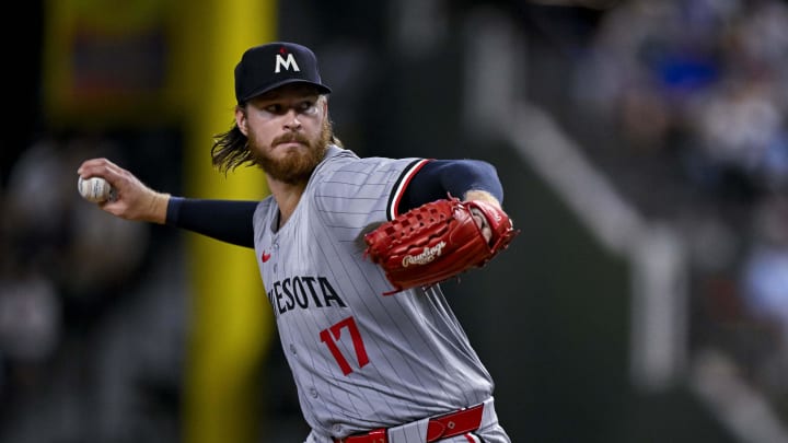 Minnesota Twins starting pitcher Bailey Ober (17) pitches against the Texas Rangers during the third inning at Globe Life Field in Arlington, Texas, on Aug. 15, 2024.