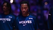 Minnesota Timberwolves guard Rob Dillingham observes the national anthem before the game against the Philadelphia 76ers at Wells Fargo Center in Philadelphia on April 5, 2025.