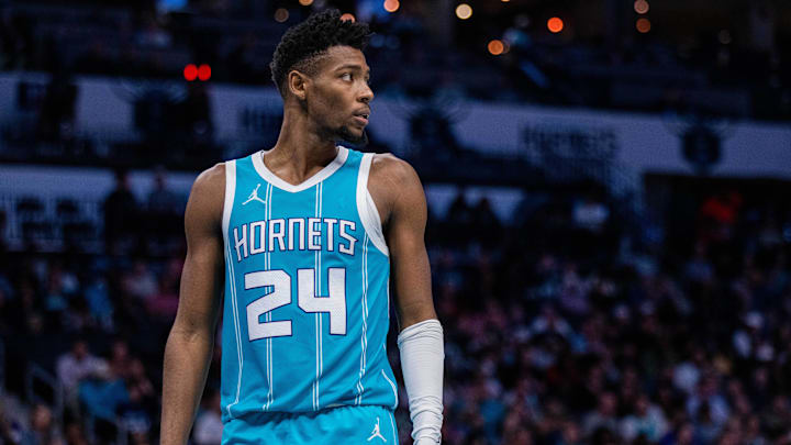 Charlotte Hornets forward Brandon Miller during the fourth quarter against the Indiana Pacers at Spectrum Center.