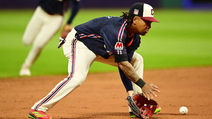 Jul 19, 2024; Cleveland, Ohio, USA; Cleveland Guardians third baseman Jose Ramirez (11) fields a ball hit by San Diego Padres catcher Kyle Higashioka (not pictured) during the eighth inning at Progressive Field. Mandatory Credit: Ken Blaze-USA TODAY Sports