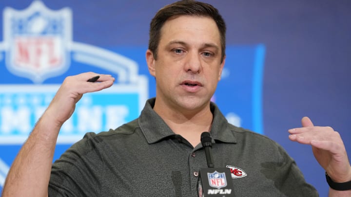 Feb 24, 2026; Indianapolis, IN, USA; Kansas City Chiefs general manager Brett Veach speaks at the NFL Scouting Combine at the Indiana Convention Center. Mandatory Credit: Kirby Lee-Imagn Images