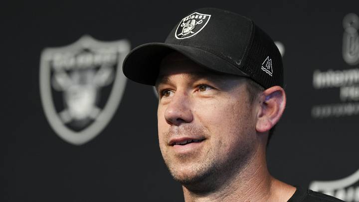 Las Vegas Raiders head coach Klint Kubiak speaks during a news conference during organized team activities.