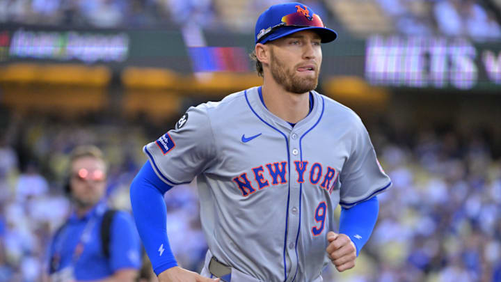 Oct 13, 2024; Los Angeles, California, USA; New York Mets outfielder Brandon Nimmo (9) takes the field before game one of the NLCS for the 2024 MLB Playoffs at Dodger Stadium. Mandatory Credit: Jayne Kamin-Oncea-Imagn Images
