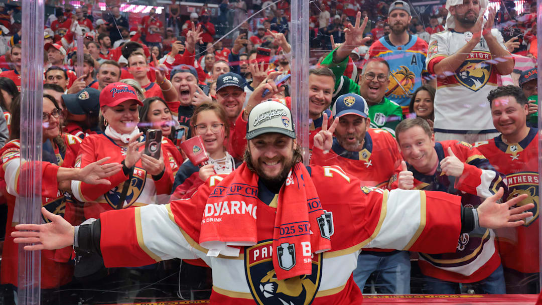 Jun 17, 2025; Sunrise, Florida, USA; Florida Panthers goaltender Sergei Bobrovsky (72) poses for a photo with fans after winning game six of the 2025 Stanley Cup Final against the Edmonton Oilers at Amerant Bank Arena. Mandatory Credit: Sam Navarro-Imagn Images