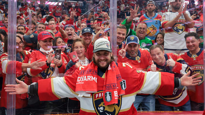 Jun 17, 2025; Sunrise, Florida, USA; Florida Panthers goaltender Sergei Bobrovsky (72) poses for a photo with fans after winning game six of the 2025 Stanley Cup Final against the Edmonton Oilers at Amerant Bank Arena. Mandatory Credit: Sam Navarro-Imagn Images