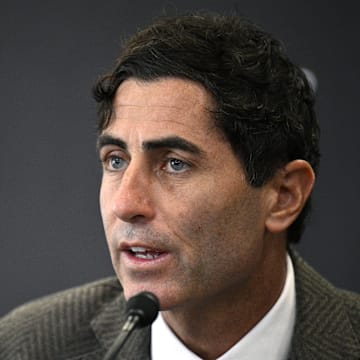 Nov 21, 2023; San Diego, CA, USA; San Diego Padres president of baseball operations and general manager A.J. Preller speaks to the media during a press conference announcing the hiring of manager Mike Shildt (not pictured) at Petco Park. Mandatory Credit: Orlando Ramirez-Imagn Images