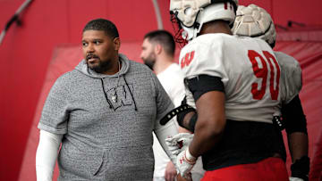 Wisconsin defensive line coach E.J. Whitlow is shown during spring football practice Thursday, April 25, 2024 in Madison, Wisconsin. The Wisconsin Badgers football team plays their season opener against Western Michigan on August 31.