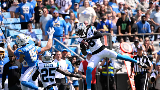 Jaycee Horn intercepts pass against Charger