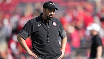 Oct 18, 2025; Madison, Wisconsin, USA;  Ohio State Buckeyes head coach Ryan Day during warmups prior to the game against the Wisconsin Badgers at Camp Randall Stadium. Mandatory Credit: Jeff Hanisch-Imagn Images
