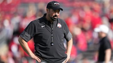 Oct 18, 2025; Madison, Wisconsin, USA;  Ohio State Buckeyes head coach Ryan Day during warmups prior to the game against the Wisconsin Badgers at Camp Randall Stadium. Mandatory Credit: Jeff Hanisch-Imagn Images