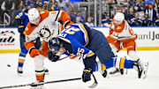Mar 16, 2025; St. Louis, Missouri, USA;  Anaheim Ducks defenseman Jacob Trouba (65) checks St. Louis Blues center Jordan Kyrou (25) during the first period at Enterprise Center. Mandatory Credit: Jeff Curry-Imagn Images