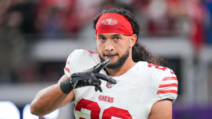 Oct 23, 2023; Minneapolis, Minnesota, USA; San Francisco 49ers safety Talanoa Hufanga (29) before the game against the Minnesota Vikings at U.S. Bank Stadium. Mandatory Credit: Brad Rempel-USA TODAY Sports