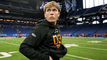 Mar 1, 2025; Indianapolis, IN, USA; Mississippi quarterback Jaxson Dart (QB03) during the 2025 NFL Combine at Lucas Oil Stadium. Mandatory Credit: Kirby Lee-Imagn Images