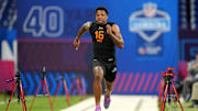 Mar 1, 2025; Indianapolis, IN, USA; Texas wideout Matthew Golden (WO16) during the 2025 NFL Combine at Lucas Oil Stadium. Mandatory Credit: Kirby Lee-Imagn Images