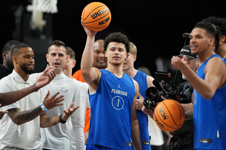 Florida Gators guard Walter Clayton Jr. during a practice session for the Final Four of the 2025 NCAA tournament.