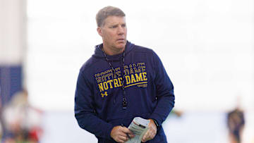 Notre Dame defensive coordinator Chris Ash during a Notre Dame football spring practice at Irish Athletic Center on Wednesday, March 26, 2025, in South Bend.
