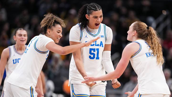 UCLA Bruins center Lauren Betts, guard Kiki Rice, guard Gianna Kneepkens