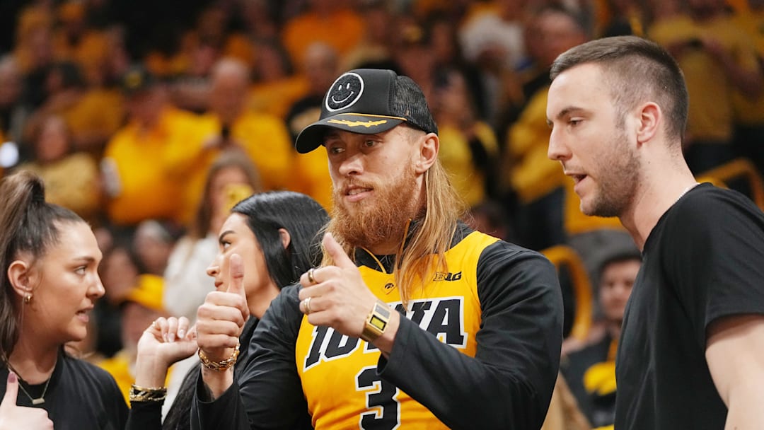 Former Iowa Tight End George Kittle is in attendance during a second-round NCAA Tournament game between Iowa and West Virginia, Monday, March 25, 2024 at Carver Hawkeye Arena in Iowa City.