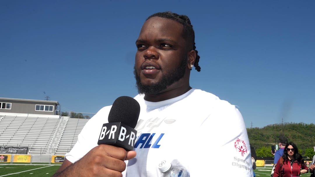 Apr 22, 2026; Pittsburgh, PA, USA; Ohio State Buckeyes defensive tackle Kayden McDonald is interviewed by media during the NFL Draft prospects clinic at Hazelwood Green Park. Mandatory Credit: Kirby Lee-Imagn Images