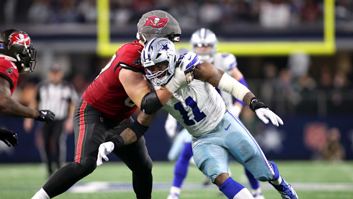 Dallas Cowboys linebacker Micah Parsons rushes the passer against Tampa Bay Buccaneers offensive tackle Luke Goedeke Dallas Cowboys linebacker Micah Parsons rushes the passer against Tampa Bay Buccaneers offensive tackle Luke Goedeke