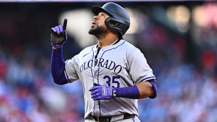 Apr 16, 2024; Philadelphia, Pennsylvania, USA; Colorado Rockies catcher Elias Diaz (35) reacts after hitting a single against the Philadelphia Phillies in the second inning at Citizens Bank Park.