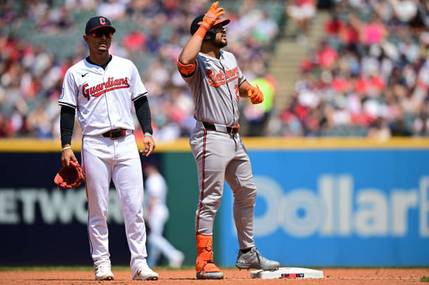 Anthony Santander celebrates after hitting a double.