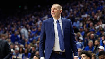 Jan 14, 2025; Lexington, Kentucky, USA; Kentucky Wildcats head coach Mark Pope looks on during the first half against the Texas A&M Aggies at Rupp Arena at Central Bank Center. Mandatory Credit: Jordan Prather-Imagn Images