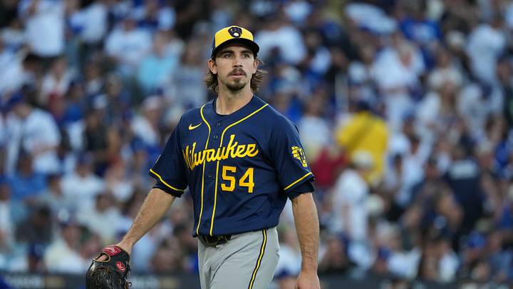 Oct 14, 2026; Los Angeles, California, USA;  Milwaukee Brewers pitcher Robert Gasser (54) reacts after the second inning in game three of the NLCS for the 2026 MLB Playoffs against the Los Angeles Dodgers at Uniqlo Field at Dodger Stadium.  Mandatory Credit: Kirby Lee-Imagn Images