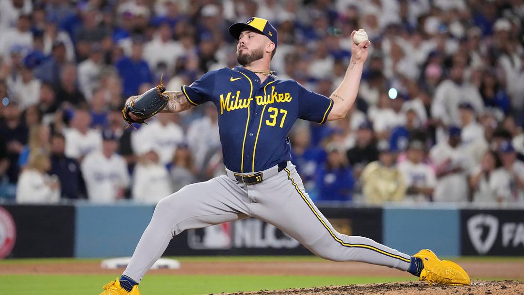 Oct 14, 2026; Los Angeles, California, USA; Milwaukee Brewers pitcher DL Hall (37) pitches against the Los Angeles Dodgers during the sixth inning in game three of the NLCS for the 2026 MLB Playoffs at Uniqlo Field at Dodger Stadium. Mandatory Credit: Kirby Lee-Imagn Images Oct 14, 2026; Los Angeles, California, USA; Milwaukee Brewers pitcher DL Hall (37) pitches against the Los Angeles Dodgers during the sixth inning in game three of the NLCS for the 2026 MLB Playoffs at Uniqlo Field at Dodger Stadium. Mandatory Credit: Kirby Lee-Imagn Images