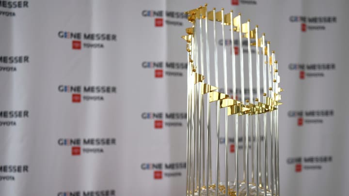 The 2023 World Series trophy is seen during the Texas Rangers' tour, Tuesday, Jan. 30, 2024, at Gene Messer Toyota.