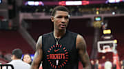 Apr 2, 2025; Houston, Texas, USA; Houston Rockets forward Jabari Smith Jr. (10) walks off the court after practice before the game against the Utah Jazz at Toyota Center. Mandatory Credit: Troy Taormina-Imagn Images