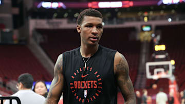 Apr 2, 2025; Houston, Texas, USA; Houston Rockets forward Jabari Smith Jr. (10) walks off the court after practice before the game against the Utah Jazz at Toyota Center. Mandatory Credit: Troy Taormina-Imagn Images
