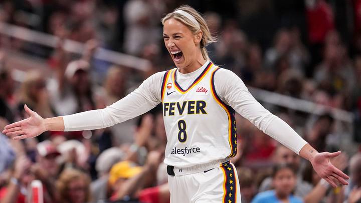 Indiana Fever guard Sophie Cunningham (8) celebrates a 3-pointer Tuesday, June 16, 2026, during the first half of a game at Gainbridge Fieldhouse in Indianapolis.