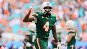 Nov 2, 2024; Miami Gardens, Florida, USA; Miami Hurricanes running back Mark Fletcher Jr. (4) celebrates after scoring a touchdown against the Duke Blue Devils during the fourth quarter at Hard Rock Stadium. Mandatory Credit: Sam Navarro-Imagn Images