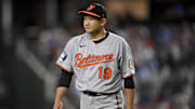 Jul 2, 2025; Arlington, Texas, USA; Baltimore Orioles starting pitcher Tomoyuki Sugano (19) comes off the field after he pitches against the Texas Rangers during the first inning at Globe Life Field. 