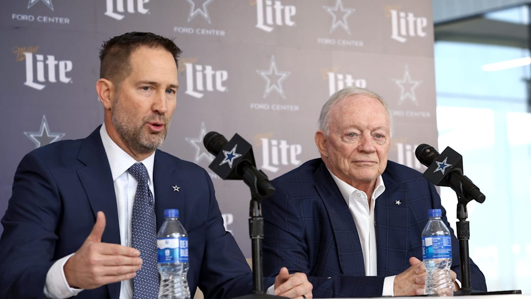Jan 27, 2025; Frisco, TX, USA;   Dallas Cowboys Head Coach Brian Schottenheimer and owner Jerry Jones speak to the media at a press conference at the Star.  Mandatory Credit: Tim Heitman-Imagn Images