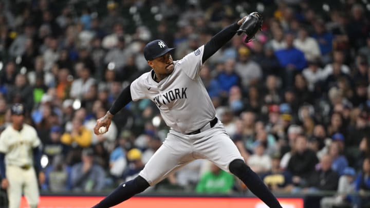 Apr 26, 2024; Milwaukee, Wisconsin, USA; New York Yankees pitcher Dennis Santana (53) delivers a pitch against the Milwaukee Brewers in the seventh inning at American Family Field. Mandatory Credit: Michael McLoone-USA TODAY Sports