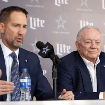 Dallas Cowboys Head Coach Brian Schottenheimer and owner Jerry Jones speak to the media at a press conference at the Star.  