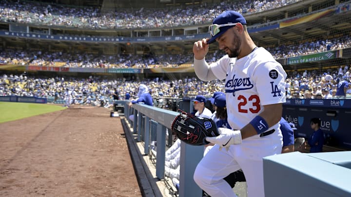 Jul 6, 2025; Los Angeles, California, USA;  Los Angeles Dodgers left fielder Michael Conforto (23) enters the field for the fourth inning against the Houston Astros at Dodger Stadium. Mandatory Credit: Jayne Kamin-Oncea-Imagn Images