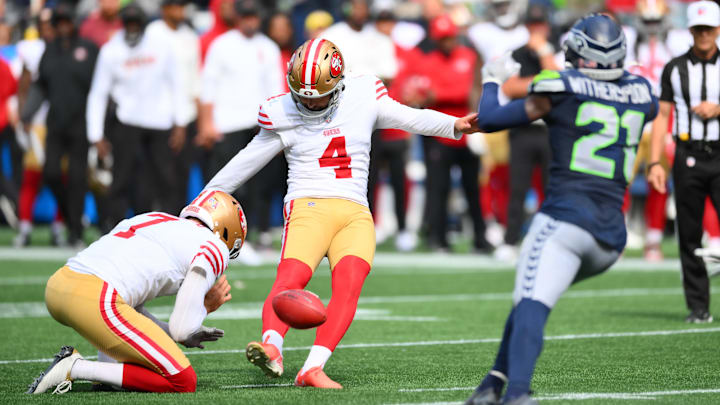 San Francisco 49ers place kicker Jake Moody (4) makes a field goal during the second half against the Seattle Seahawks at Lumen Field.