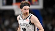 Mar 31, 2025; Dallas, Texas, USA; Brooklyn Nets forward Drew Timme (26) runs back up the court after making a three point basket against the Dallas Mavericks during the second quarter at the American Airlines Center. Mandatory Credit: Jerome Miron-Imagn Images