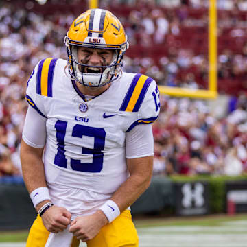 Sep 14, 2024; Columbia, South Carolina, USA; LSU Tigers quarterback Garrett Nussmeier (13) reacts before a game against the South Carolina Gamecocks at Williams-Brice Stadium. Mandatory Credit: Scott Kinser-Imagn Images