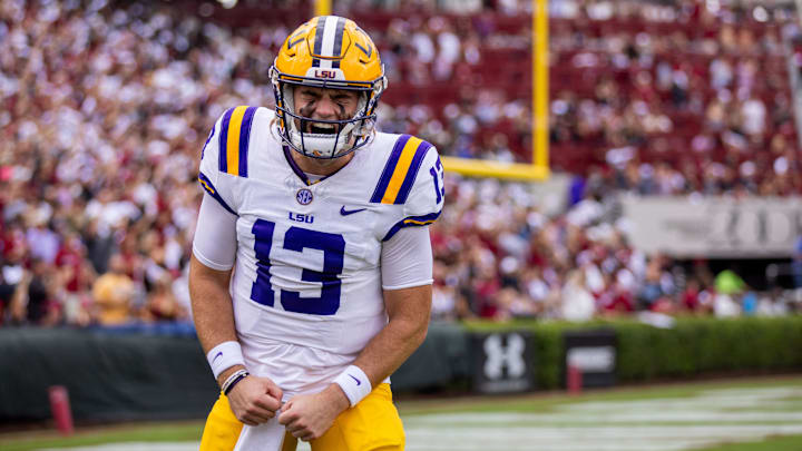 Sep 14, 2024; Columbia, South Carolina, USA; LSU Tigers quarterback Garrett Nussmeier (13) reacts before a game against the South Carolina Gamecocks at Williams-Brice Stadium. Mandatory Credit: Scott Kinser-Imagn Images