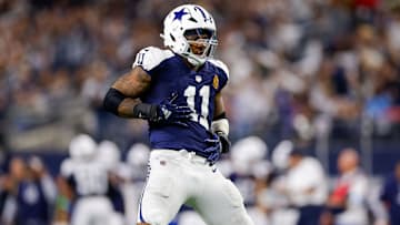 Nov 28, 2024; Arlington, Texas, USA; Dallas Cowboys linebacker Micah Parsons (11) celebrates after a sack during the third quarter against the New York Giants at AT&T Stadium. Mandatory Credit: Andrew Dieb-Imagn Images