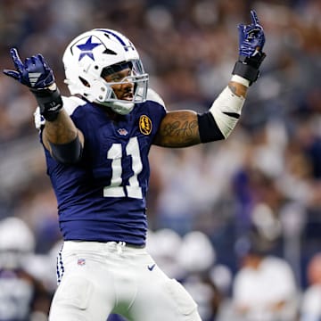 Nov 28, 2024; Arlington, Texas, USA; Dallas Cowboys linebacker Micah Parsons (11) celebrates after a sack during the third quarter against the New York Giants at AT&T Stadium. Mandatory Credit: Andrew Dieb-Imagn Images