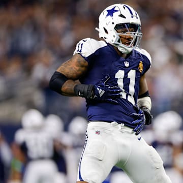 Nov 28, 2024; Arlington, Texas, USA; Dallas Cowboys linebacker Micah Parsons (11) celebrates after a sack during the third quarter against the New York Giants at AT&T Stadium. Mandatory Credit: Andrew Dieb-Imagn Images