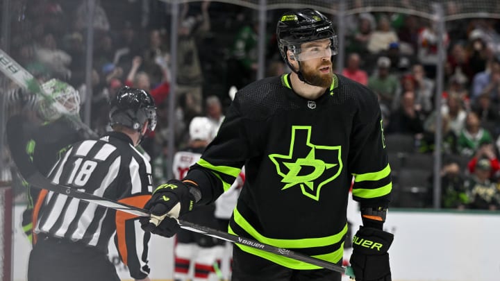 Mar 14, 2024; Dallas, Texas, USA; Dallas Stars defenseman Jani Hakanpaa (2) skates off the ice after the Stars give up a sixth goal to the New Jersey Devils during the game at the American Airlines Center. Mandatory Credit: Jerome Miron-USA TODAY Sports