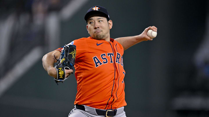 Aug 7, 2024; Arlington, Texas, USA; Houston Astros starting pitcher Yusei Kikuchi (16) pitches against the Texas Rangers during the sixth inning at Globe Life Field.