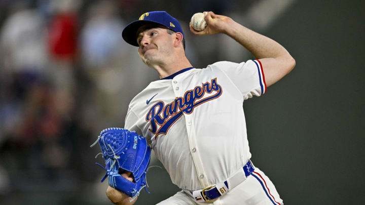 Apr 10, 2024; Arlington, Texas, USA; Texas Rangers starting pitcher Cody Bradford (61) pitches against the Oakland Athletics during the seventh inning at Globe Life Field. 