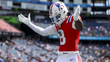 Sep 21, 2025; Foxborough, Massachusetts, USA; New England Patriots wide receiver Stefon Diggs (8) before the game against the Pittsburgh Steelers at Gillette Stadium. Mandatory Credit: Brian Fluharty-Imagn Images